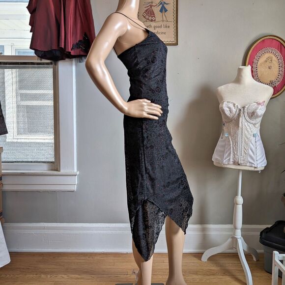 Vintage 90s Byer Too Black Midi Dress Cocktail Floral Glitter Whimsygoth Size M - Picture 10 of 16